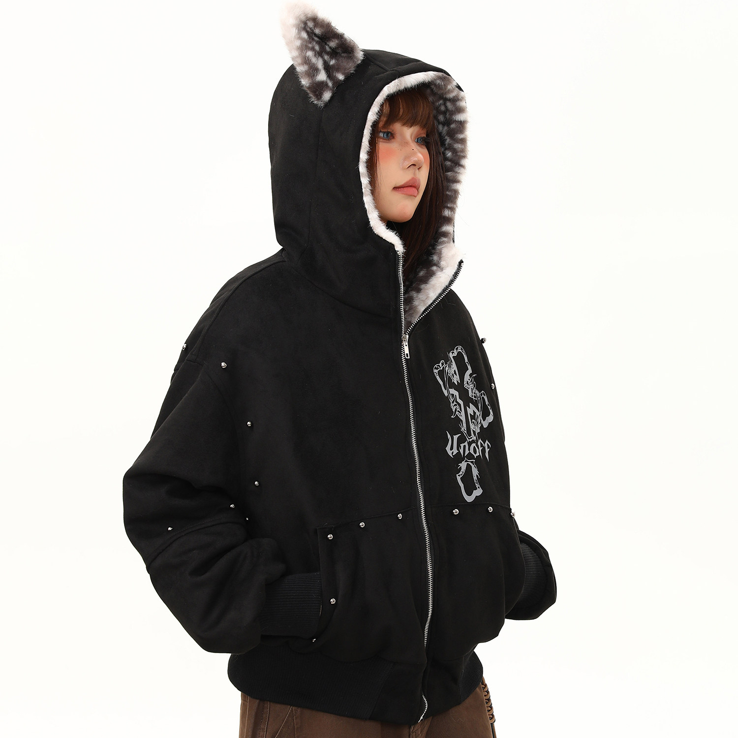 貓耳朵毛絨連帽外套女冬季新款鉚釘設計感加厚棉服棉衣