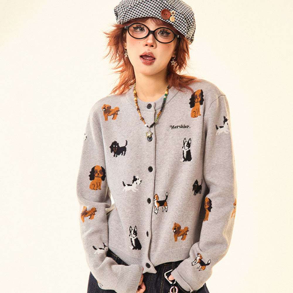 美式復古灰色小狗開衫毛衣女秋冬慵懶風顯瘦針織衫短款外套