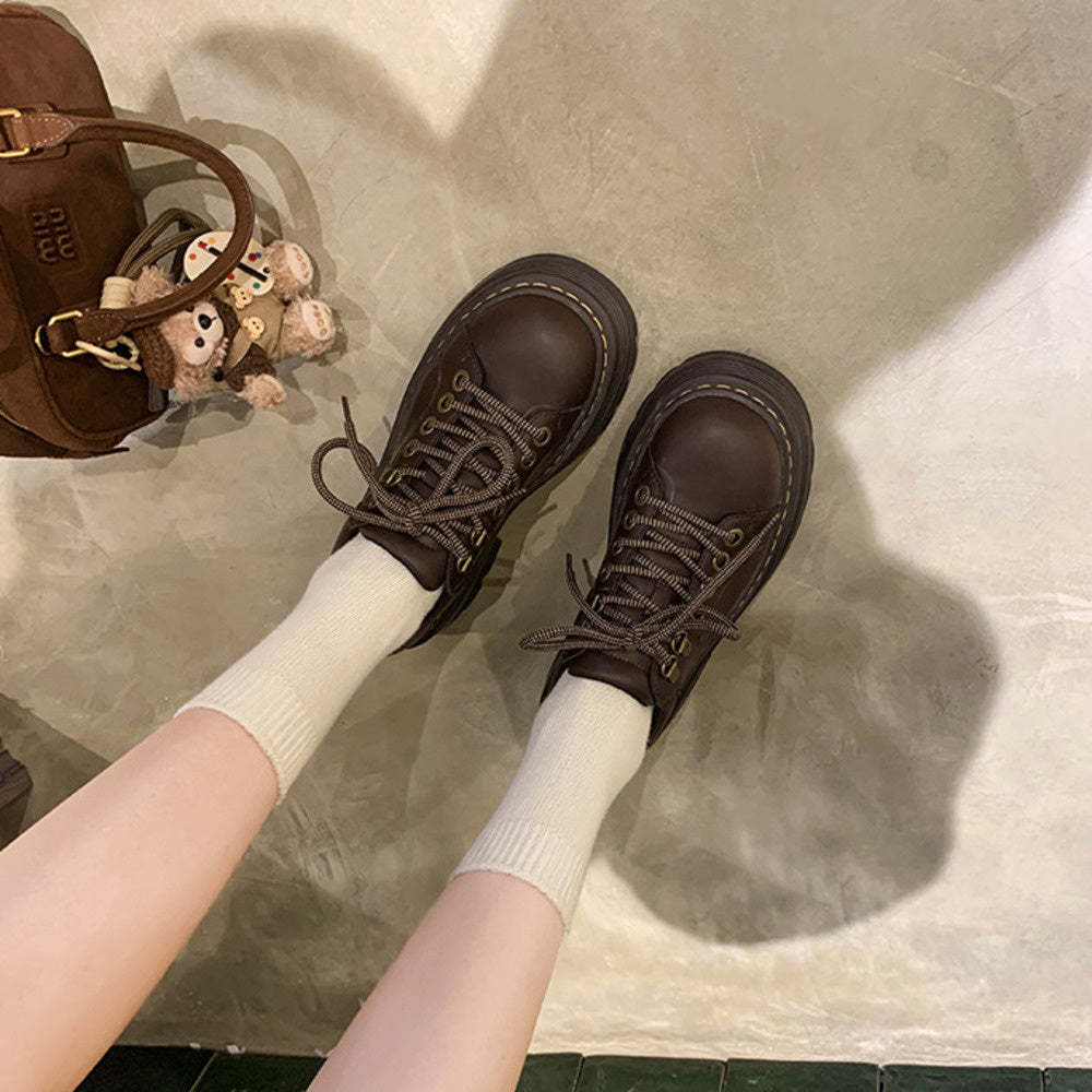 經典英倫風系帶圓頭百搭單鞋低跟德比小皮鞋女