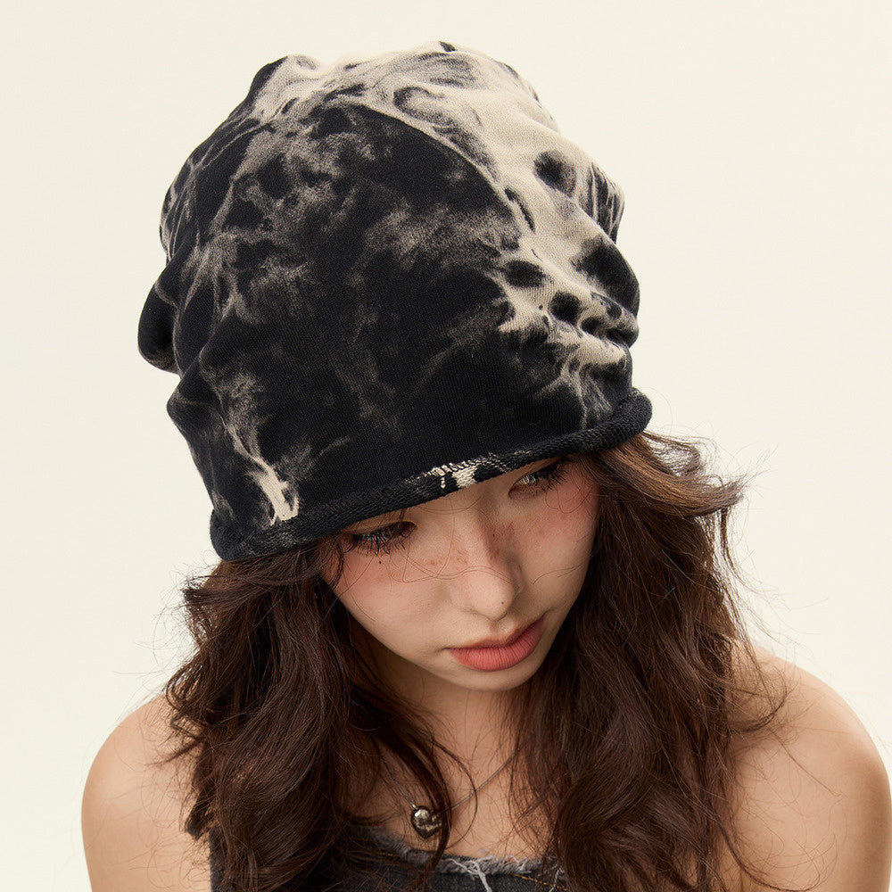美式復古紮染堆堆帽子女卷邊顯臉小街頭休閒針織素顏包頭冷帽頭巾