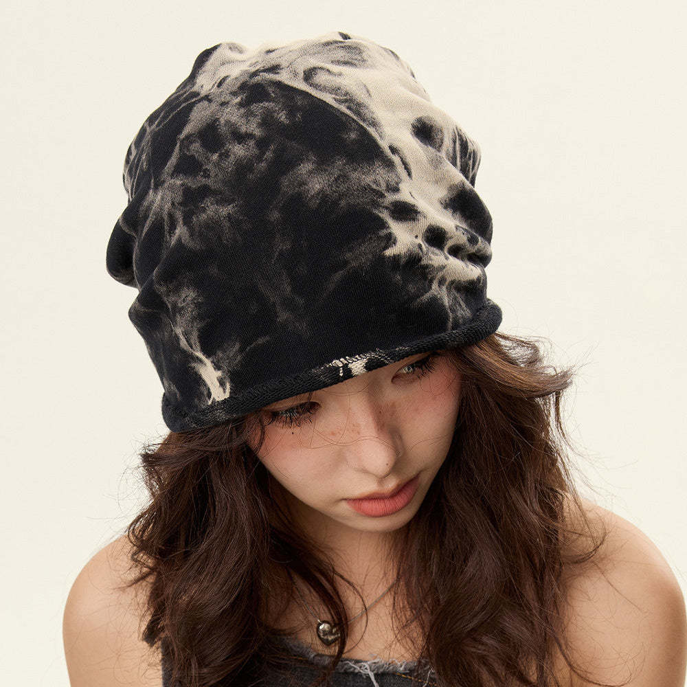 美式復古紮染堆堆帽子女卷邊顯臉小街頭休閒針織素顏包頭冷帽頭巾