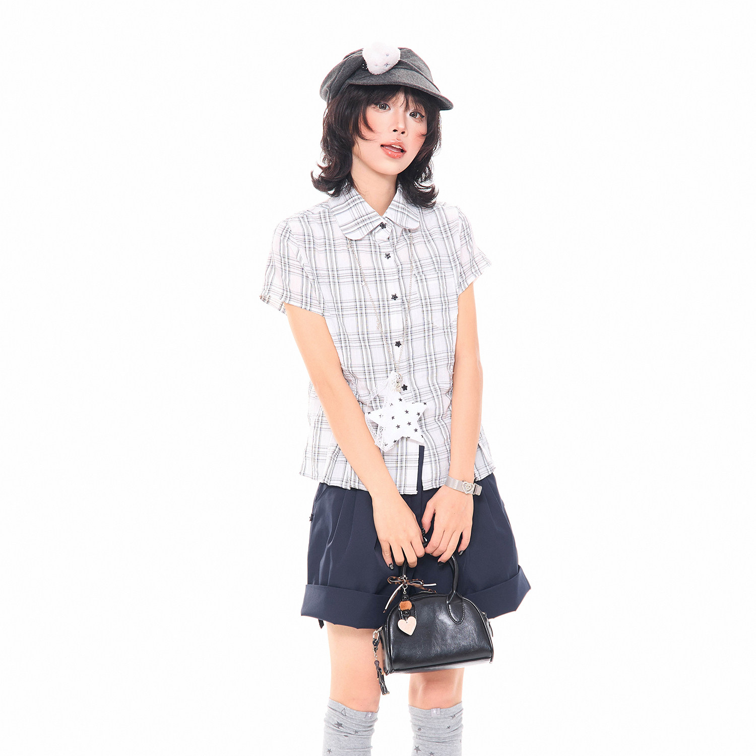 韓系少女星星掛飾格子正肩短袖襯衫女夏季小個子修身短款上衣