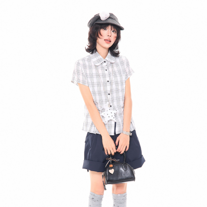 韓系少女星星掛飾格子正肩短袖襯衫女夏季小個子修身短款上衣