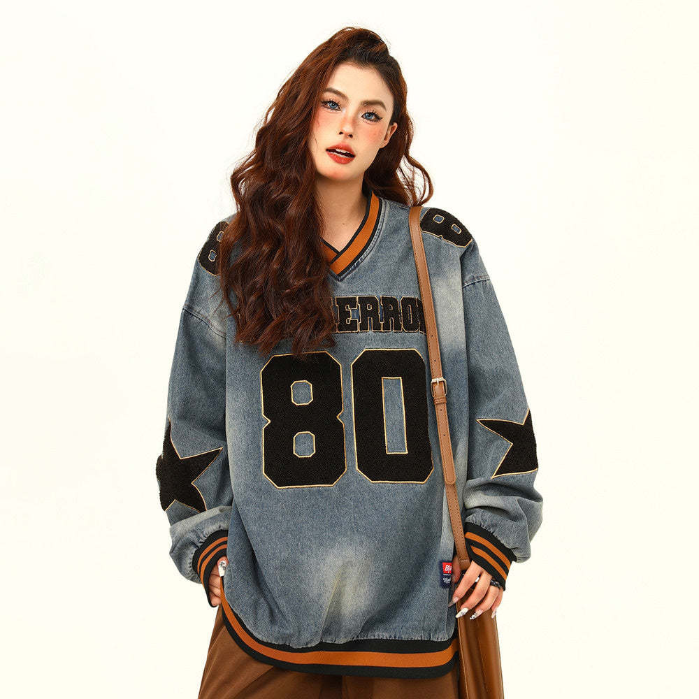 美式復古水洗重磅牛仔衛衣女秋季新款潮牌高級感上衣