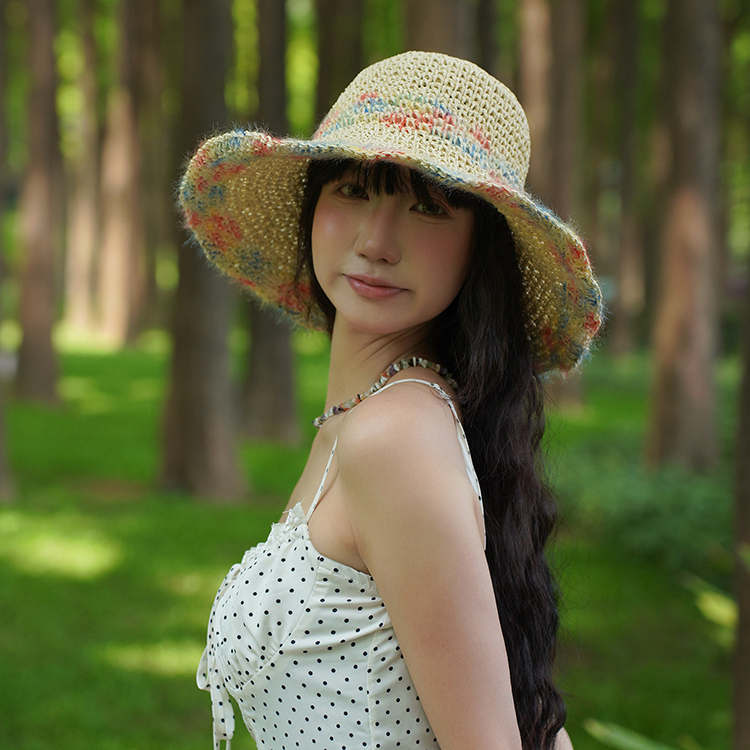 防曬帽女夏季海邊度假彩色編織草帽透氣鏤空大帽檐顯臉小遮陽帽子