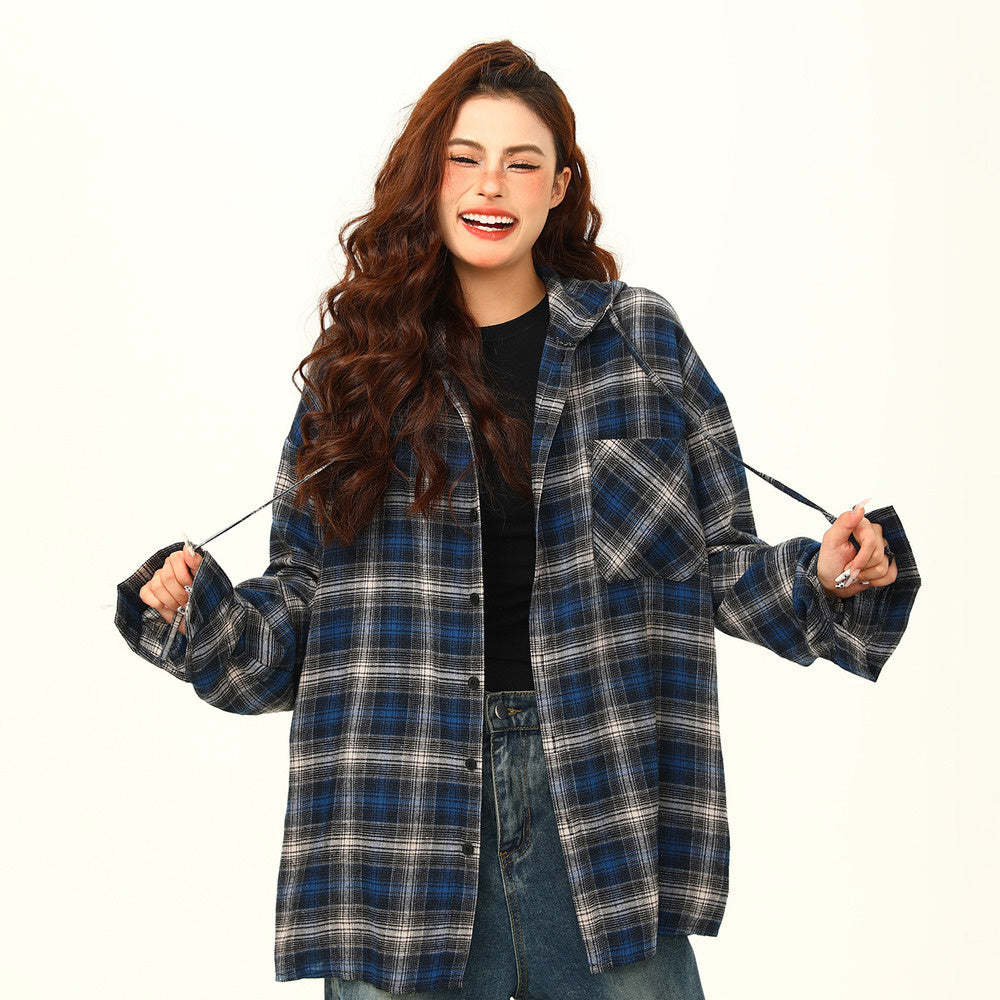 美式復古撞色格紋高級感連帽長袖襯衫女街頭寬鬆潮牌襯衣