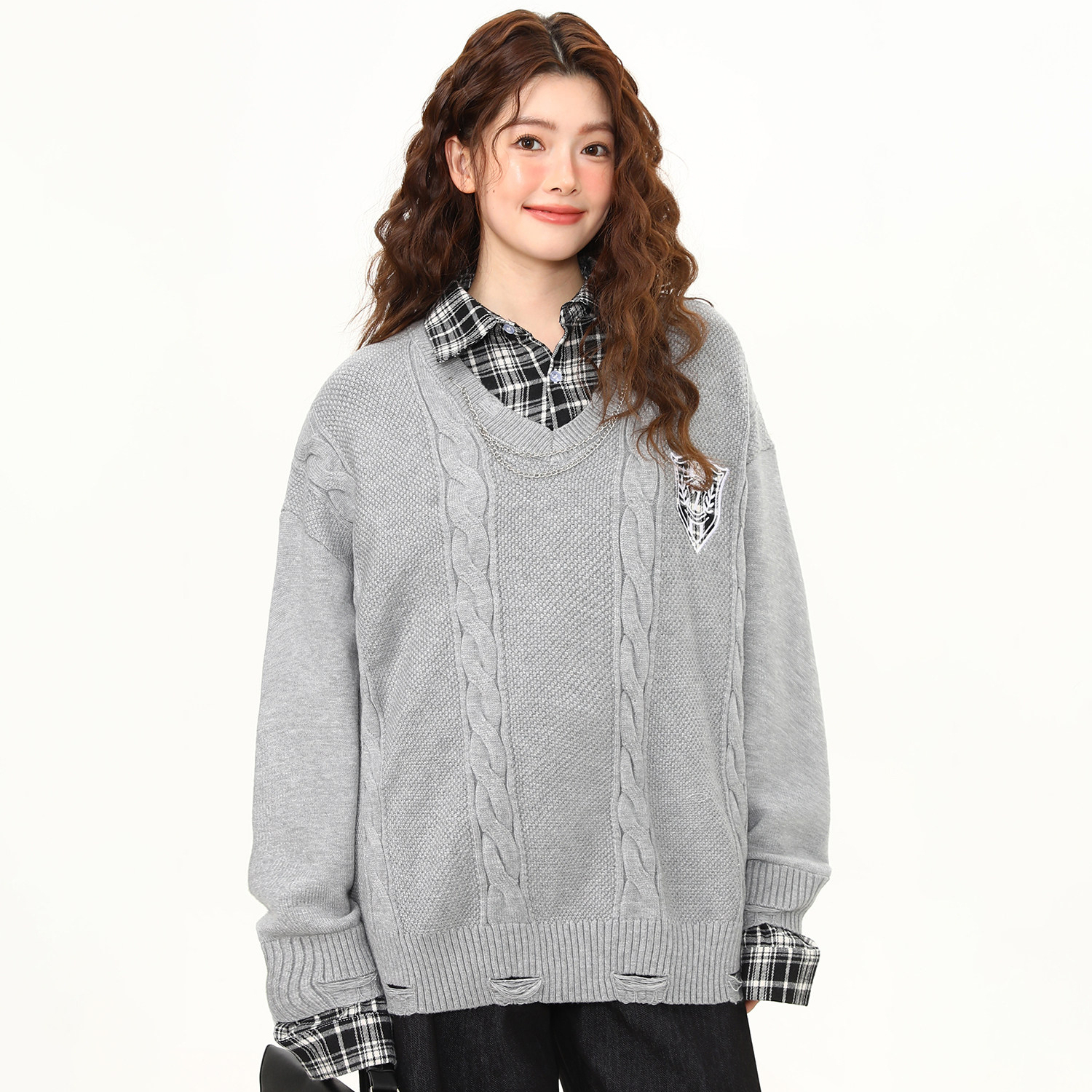 美式復古格子拼接假兩件針織衫毛衣女春秋學院風上衣