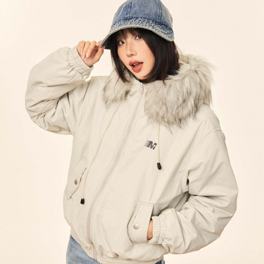 美式復古毛領連帽棉服女冬季加厚小個子短款棉衣派克服外套