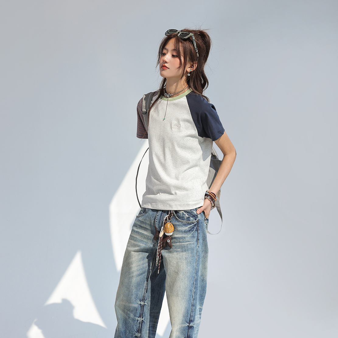 撞色拼接條紋短袖女t恤夏蝴蝶結刺繡上衣設計感小眾