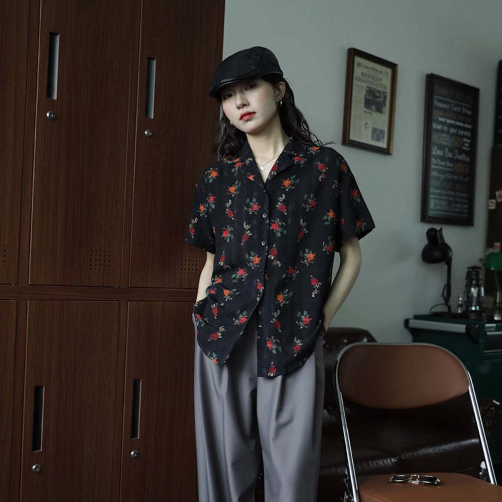 杏色玫瑰花氣質翻領簡約復古港風設計感短袖襯衫女夏季顯瘦上衣