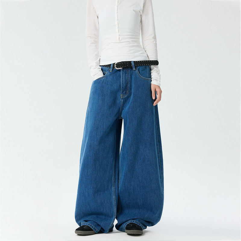 美式復古街頭水洗深藍色牛仔褲女寬鬆直筒百搭闊腿褲子