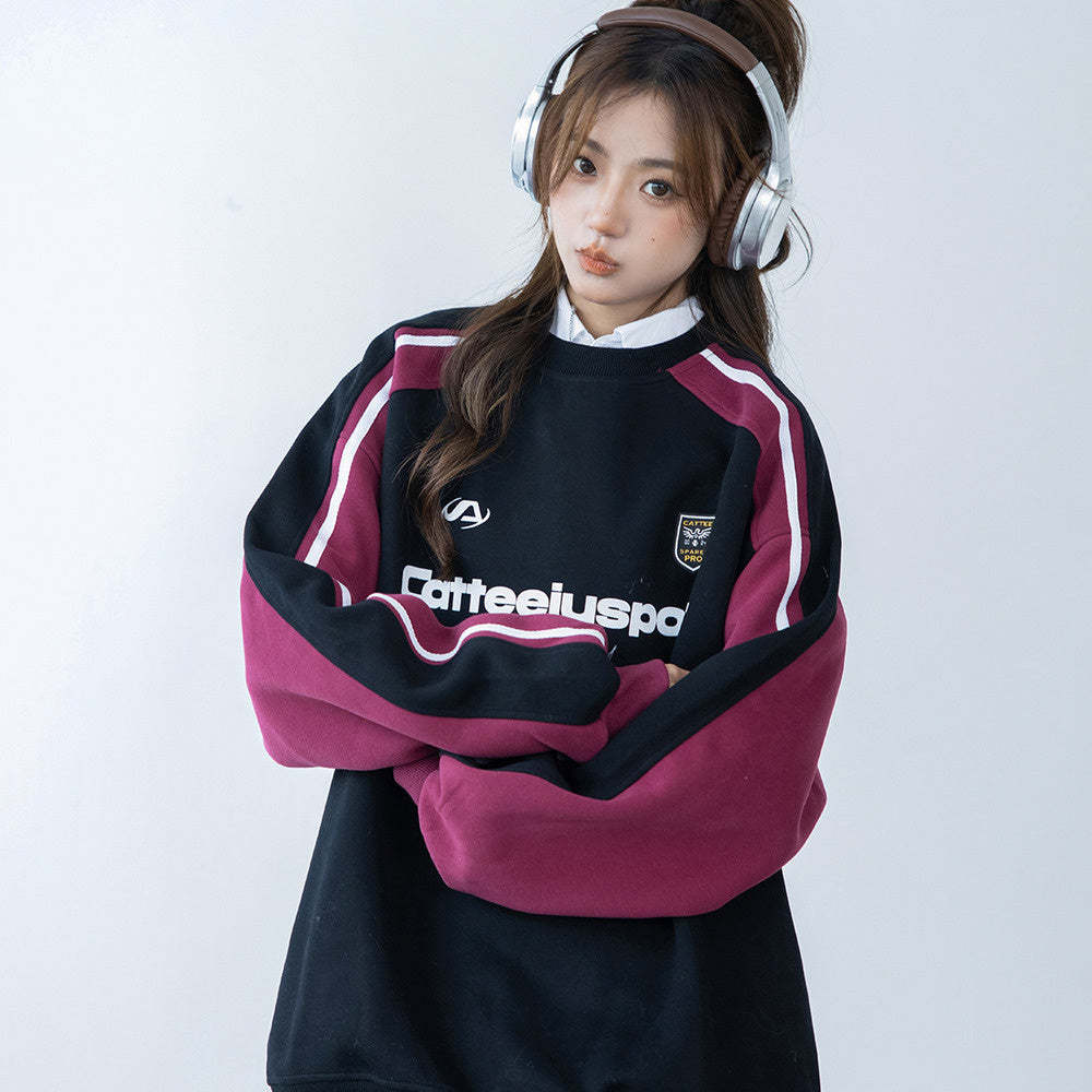 圓領衛衣女春秋oversize潮牌高級感印花拼色寬鬆上衣