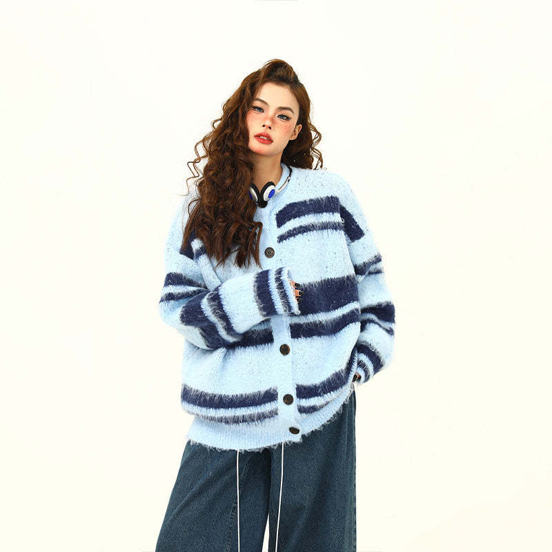 美式復古軟糯仿貂毛針織衫外套女秋冬條紋慵懶寬鬆外套