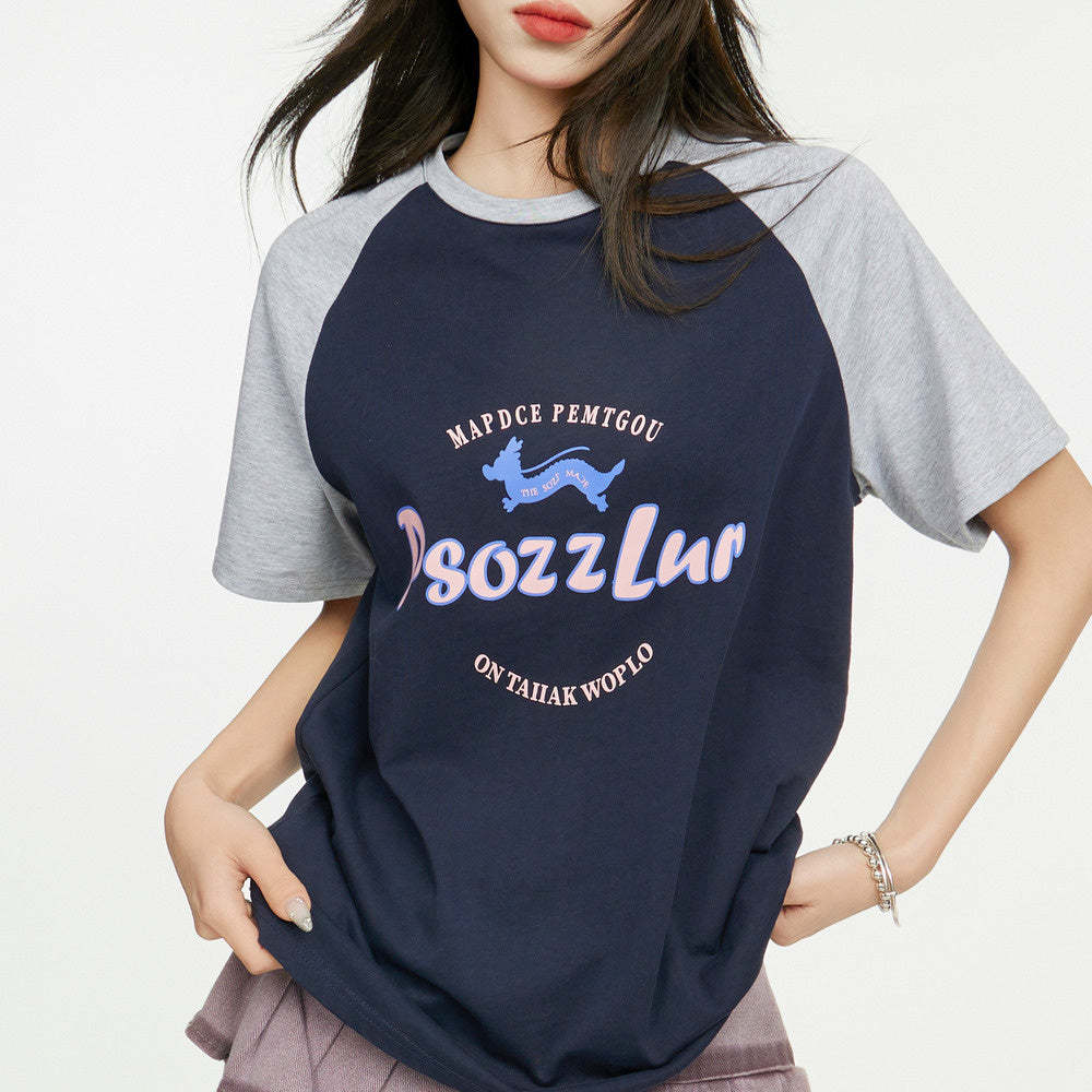 美式復古插肩短袖t恤女夏季寬鬆設計感小眾純棉正肩上衣