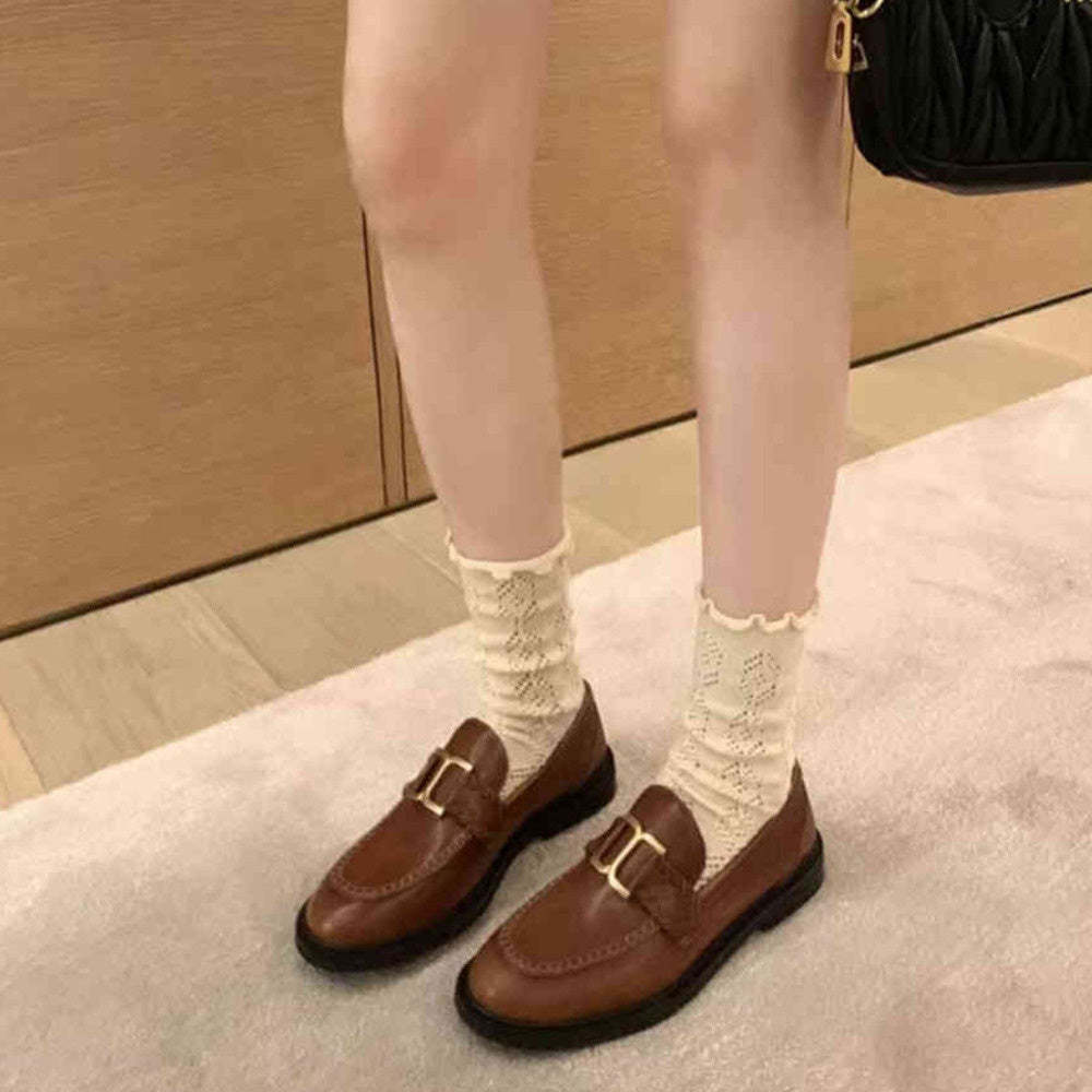 英倫復古風樂福鞋女新款平底單鞋咖色一脚蹬厚底小皮鞋