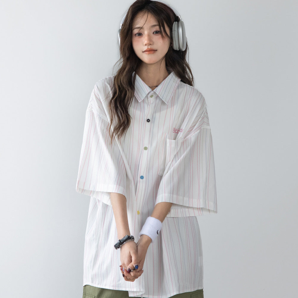 彩色條紋設計短袖襯衫女新款襯衣別致字母刺繡上衣