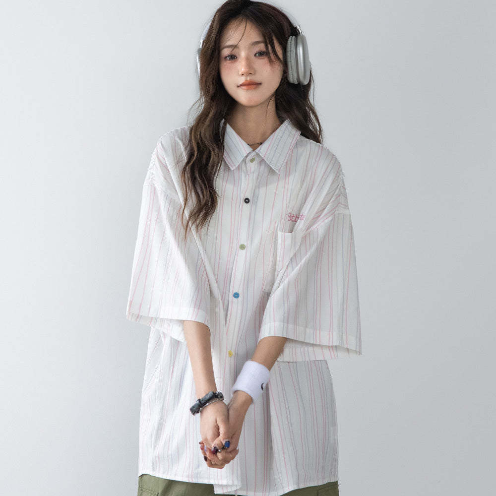 彩色條紋設計短袖襯衫女新款襯衣別致字母刺繡上衣