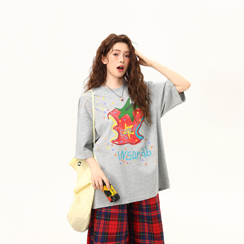 美式復古塗鴉蕃茄印花設計感潮流短袖T恤女夏季上衣