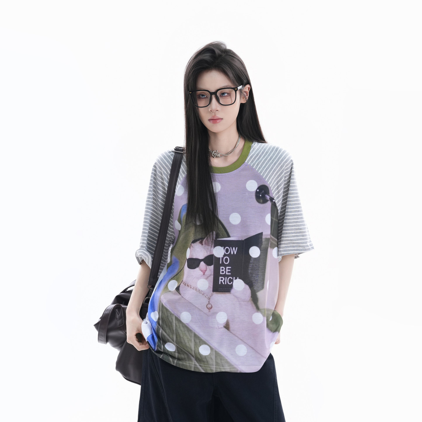 美式個性猫咪印花波點短袖上衣女設計感條紋插肩T恤