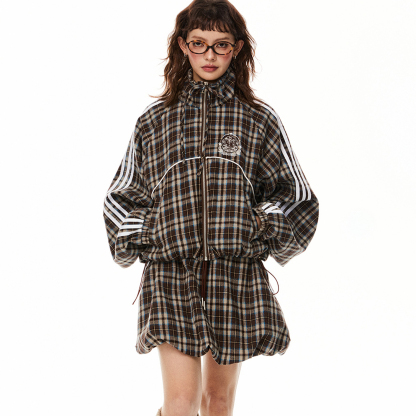 美式復古格子短款寬鬆外套套裝女春秋小個子短半身裙兩件套