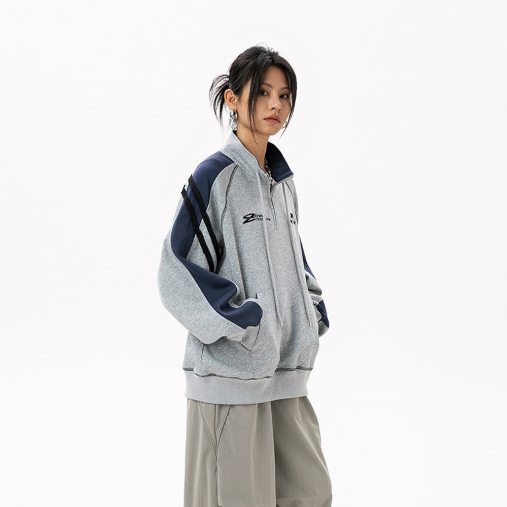 美式學院風拼條套頭半拉鍊衛衣女春秋新款運動休閒寬鬆外套
