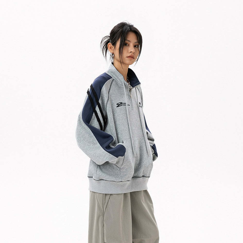 美式學院風拼條套頭半拉鍊衛衣女春秋新款運動休閒寬鬆外套