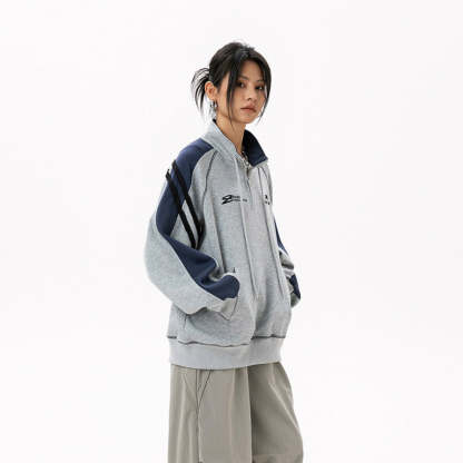 美式學院風拼條套頭半拉鍊衛衣女春秋新款運動休閒寬鬆外套