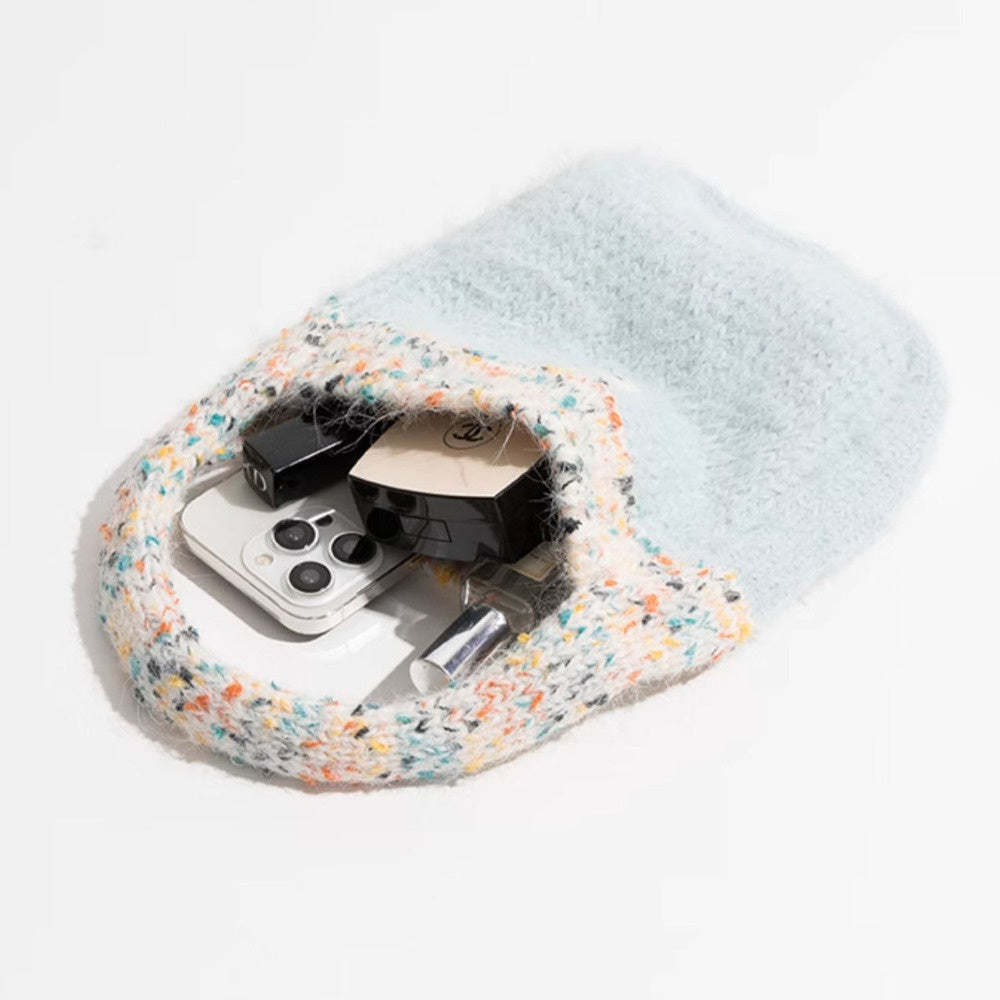 針織包可愛拼接撞色毛線手提包毛茸百搭手拎手機包