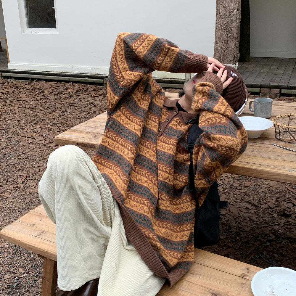 日系復古民族風翻領POLO針織衫寬鬆套頭毛衣保暖休閒上衣