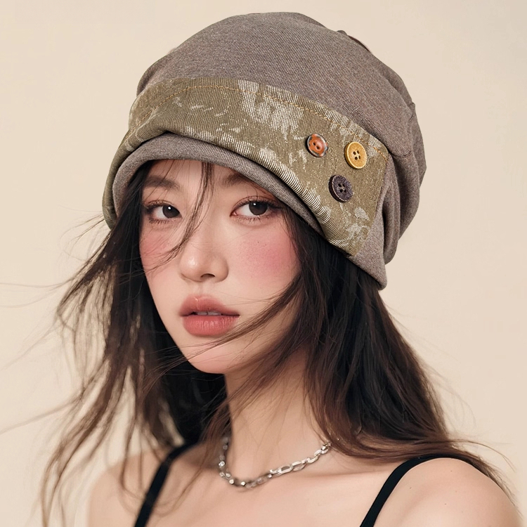 拼接紐扣顯臉小堆堆帽街頭套頭帽韓版日系百搭冷帽