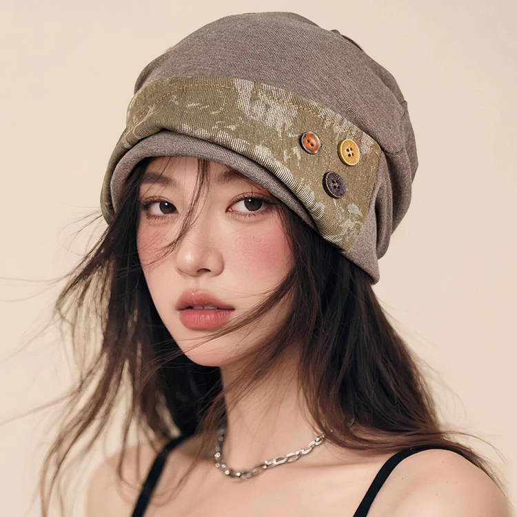 拼接紐扣顯臉小堆堆帽街頭套頭帽韓版日系百搭冷帽