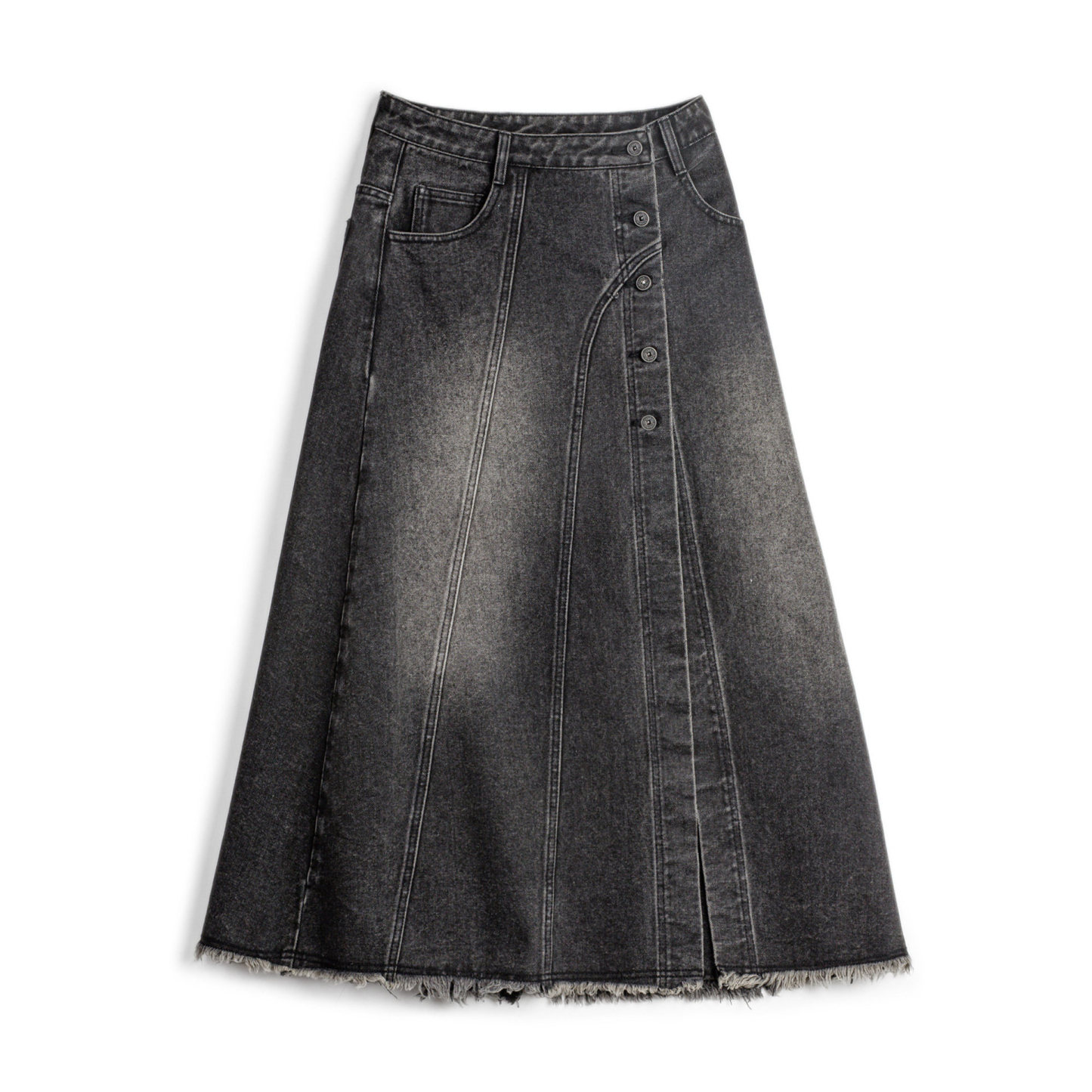 烟灰色復古開衩牛仔高腰毛邊半身裙顯瘦A字傘中長裙子女士春