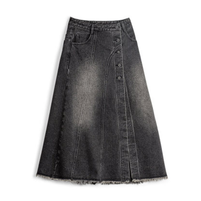 烟灰色復古開衩牛仔高腰毛邊半身裙顯瘦A字傘中長裙子女士春