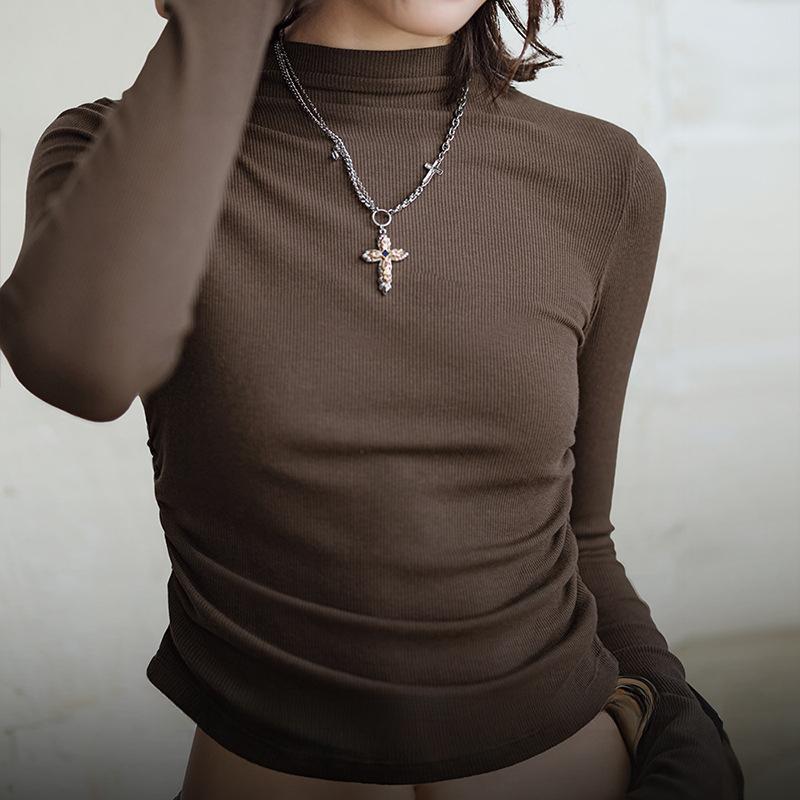 馬登女裝 莫代爾半高領打底衫抽褶修身疊穿長袖T恤內搭外穿上衣秋季女