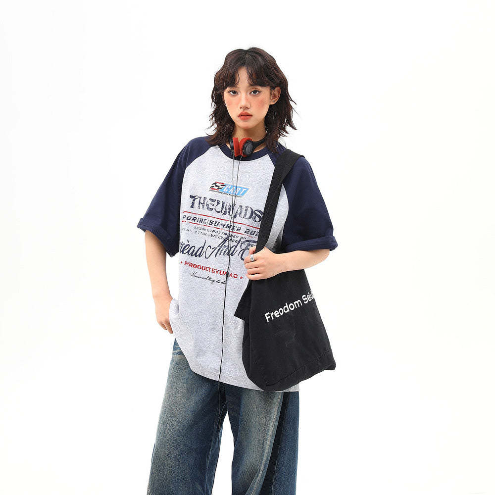 美式復古撞色插肩袖字母短袖T恤女夏季百搭體恤潮ins