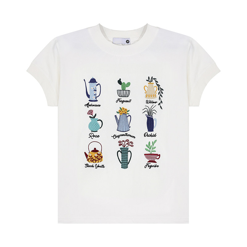 美式復古盆栽刺繡設計感正肩短袖T恤女短寬版小飛袖上衣