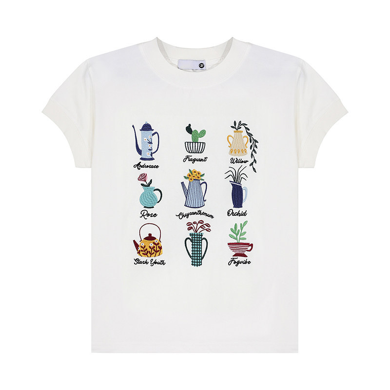美式復古盆栽刺繡設計感正肩短袖T恤女短寬版小飛袖上衣
