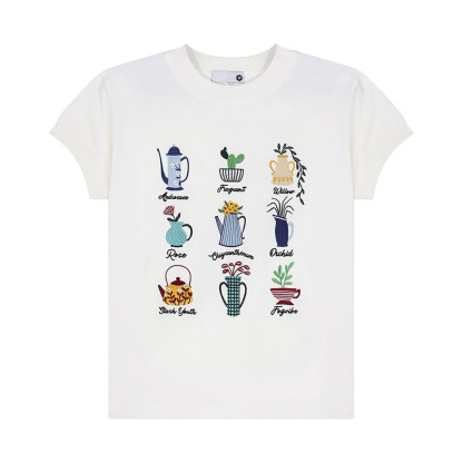 美式復古盆栽刺繡設計感正肩短袖T恤女短寬版小飛袖上衣