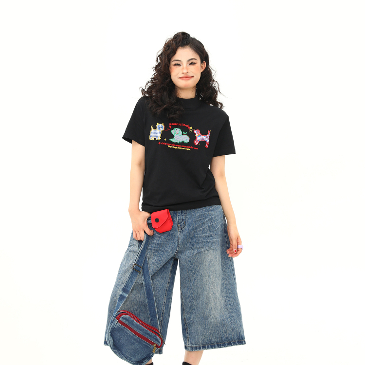 正肩T恤女小狗卡通刺繡復古微寬鬆短款顯瘦百搭短袖女
