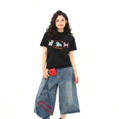 正肩T恤女小狗卡通刺繡復古微寬鬆短款顯瘦百搭短袖女