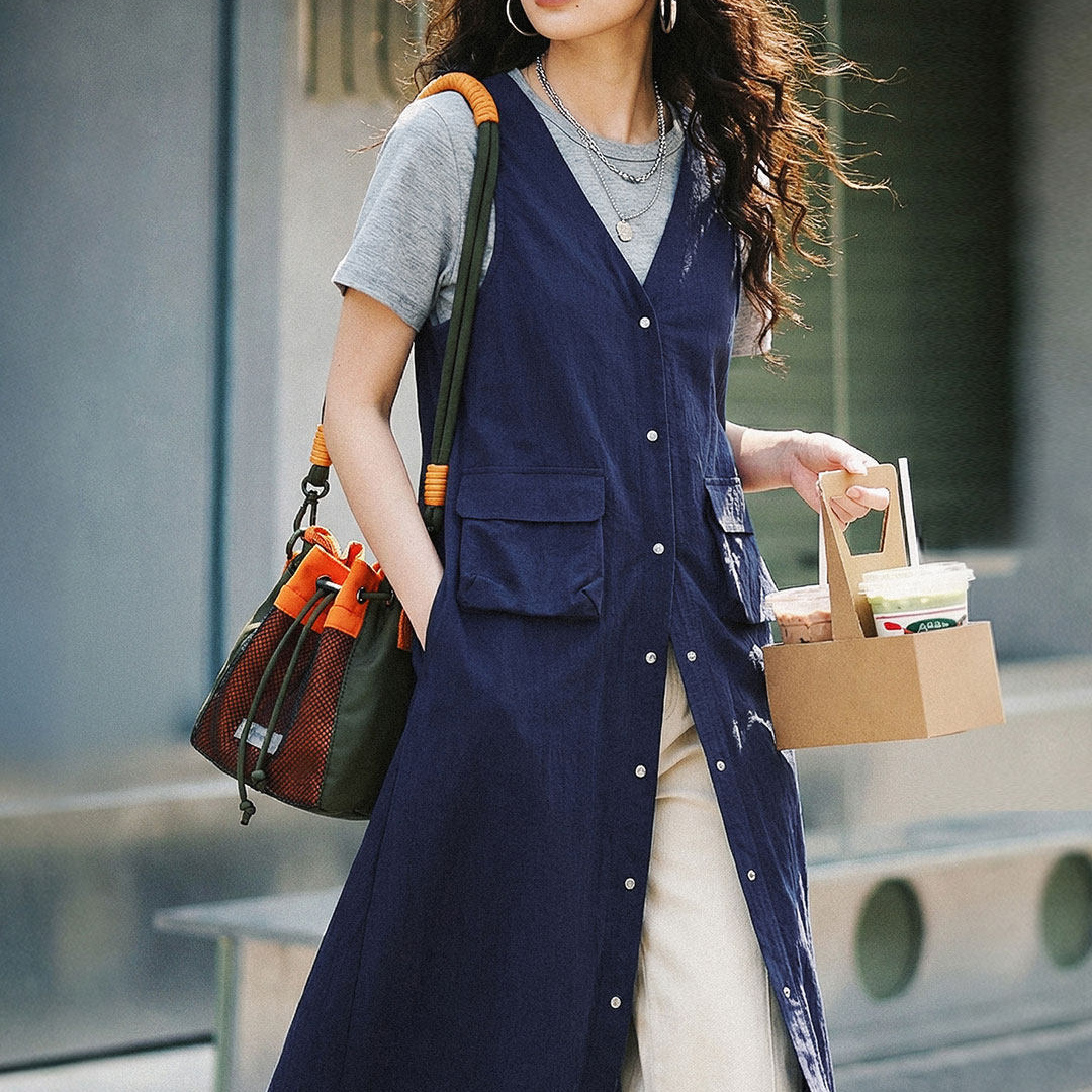 深V領外搭疊穿無袖馬夾甲背心工裝連衣裙子開叉衫外套女士春