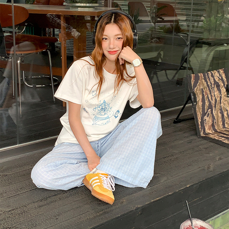 印花短袖t恤女夏新款簡約顯瘦正肩小個子寬鬆上衣