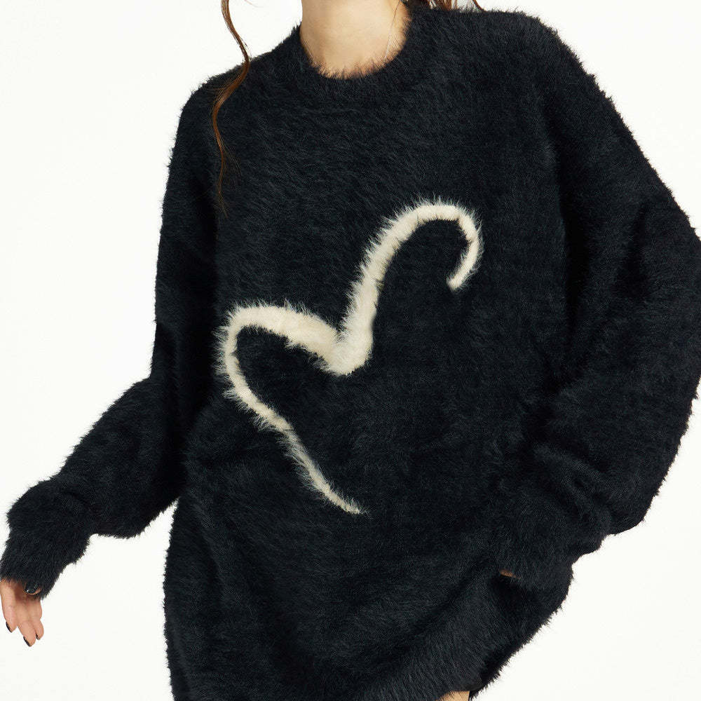 黑色套頭毛衣女秋冬冬季寬鬆慵懶風針織軟糯馬海毛加厚長款設計感