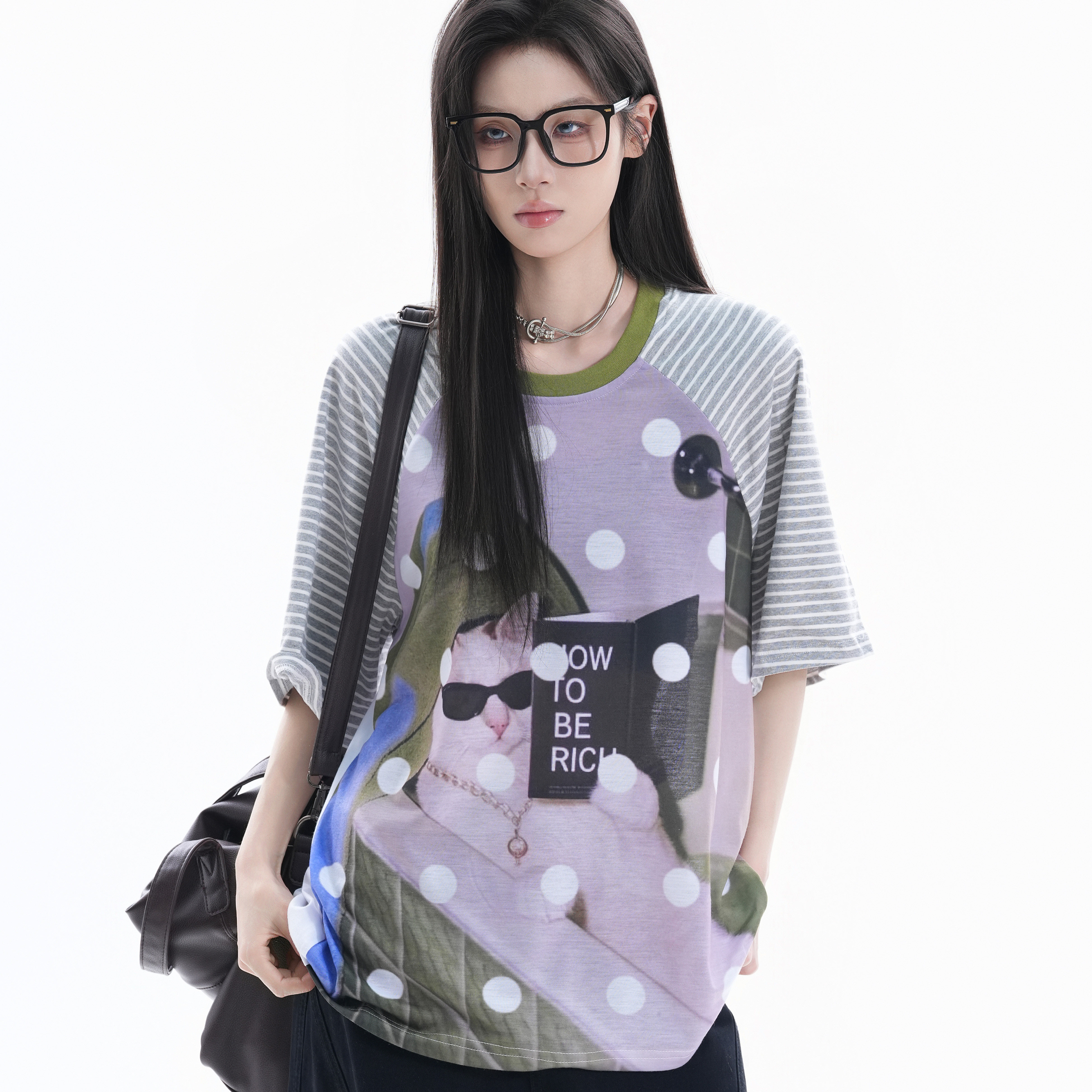 美式個性猫咪印花波點短袖上衣女設計感條紋插肩T恤
