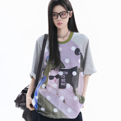 美式個性猫咪印花波點短袖上衣女設計感條紋插肩T恤