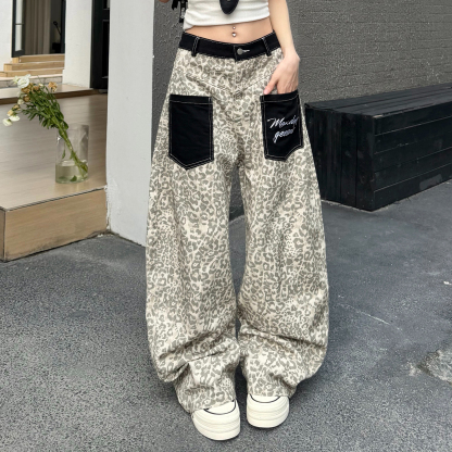 美式復古豹紋貼布口袋牛仔褲女寬鬆街頭潮流闊腿彎刀褲子