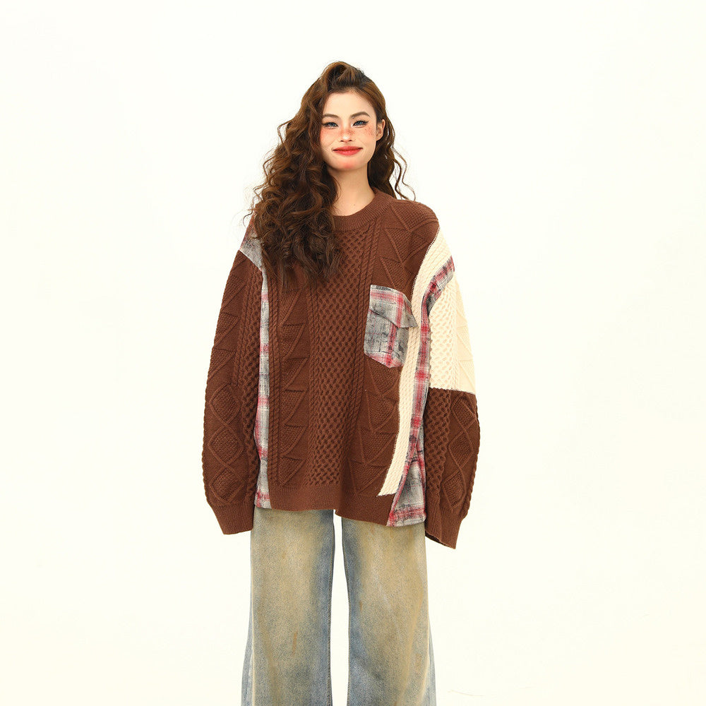 美式街頭拼接設計感毛衣女秋冬寬鬆慵懶嘻哈麻花針織衫