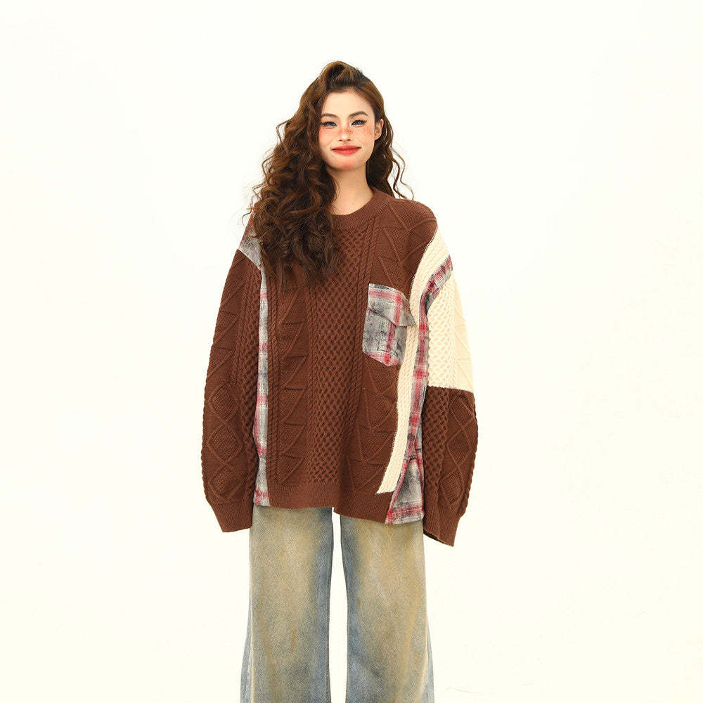 美式街頭拼接設計感毛衣女秋冬寬鬆慵懶嘻哈麻花針織衫