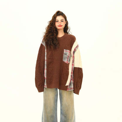 美式街頭拼接設計感毛衣女秋冬寬鬆慵懶嘻哈麻花針織衫