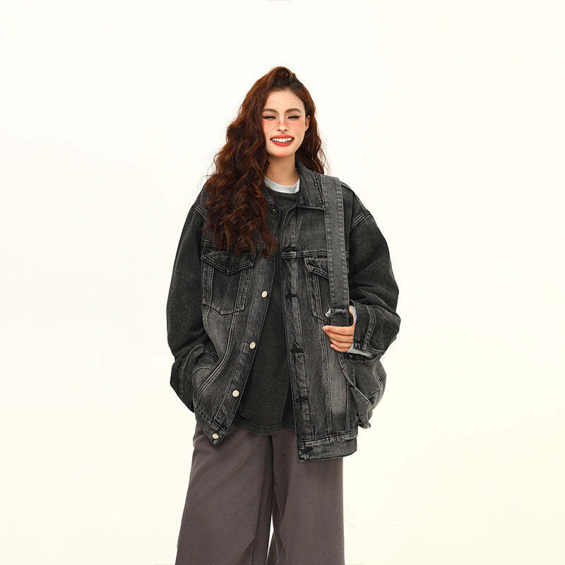 秋季美式街頭水洗復古藍牛仔外套女百搭寬鬆夾克
